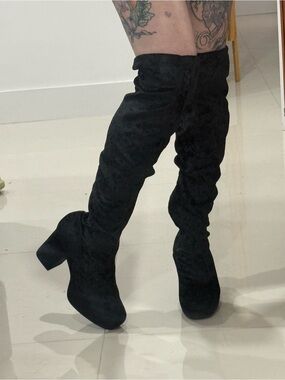 Truffle Collection Black Crushed Velvet Over-the-Knee Block Heel Boots